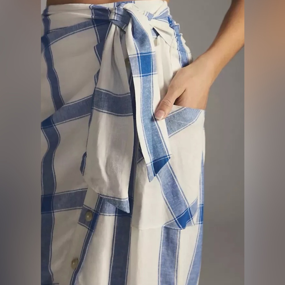 Maeve plaid wrap linen skirt Anthropologie asymmetric button, pockets 12 - Picture 5 of 5